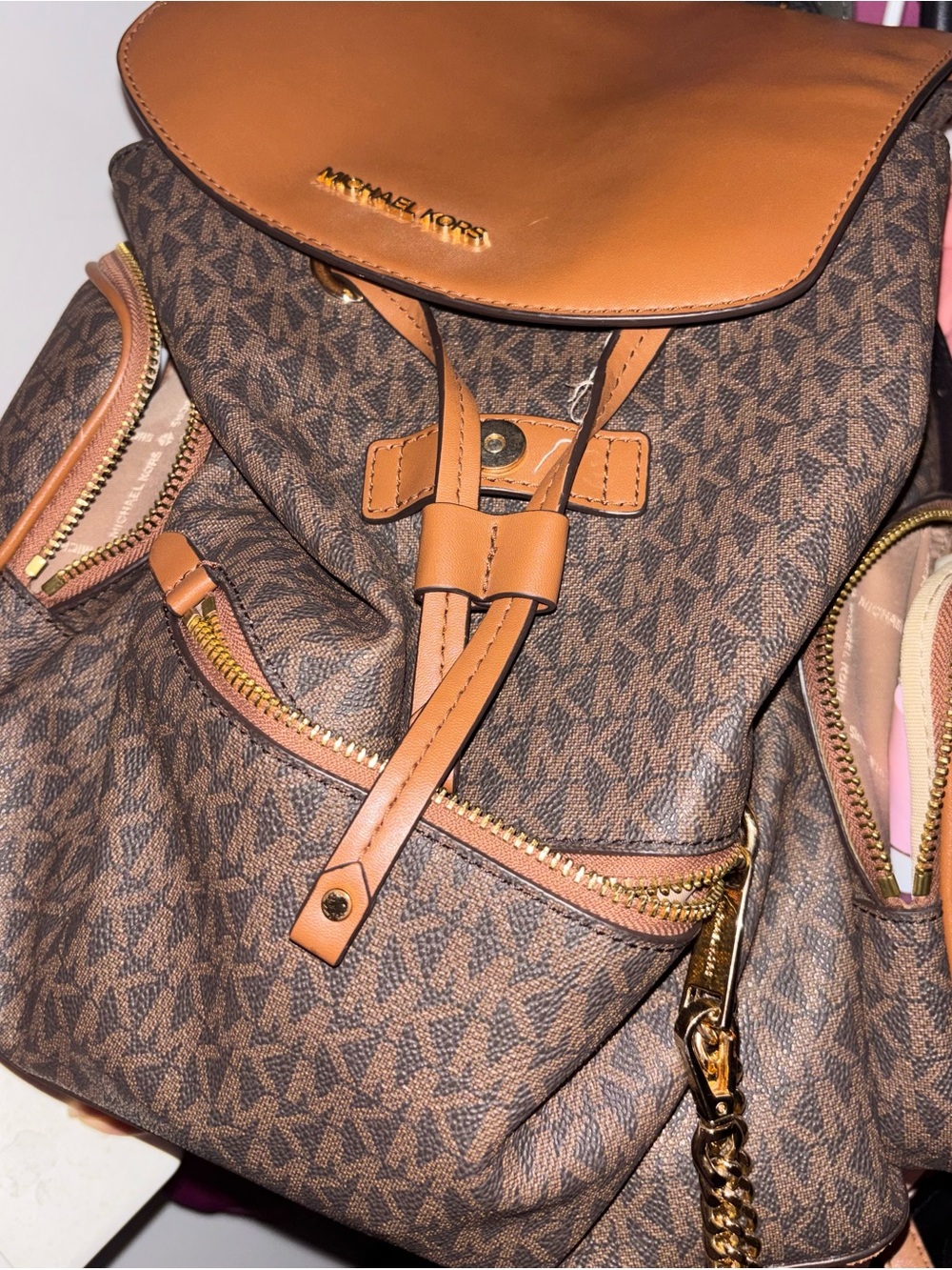 Michael Kors Brown Logo Drawstring Backpack with Tan Trim